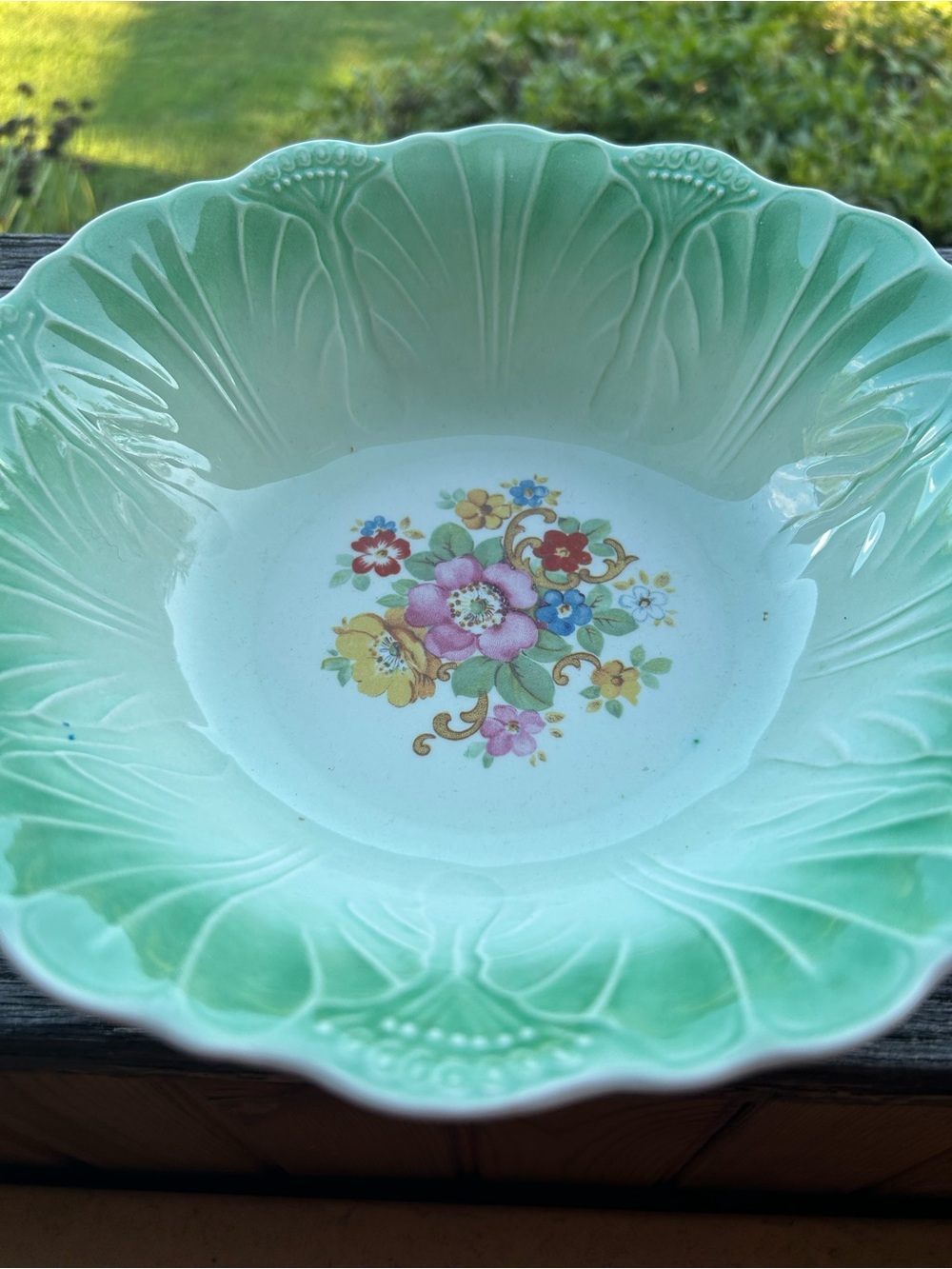Vintage MCM Floral Mint Green Ceramic Serving Bowl Cabbage Leaf Pattern